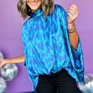 Blue Vibrant Animal Printed Mock Neck Detail Caftan Top
